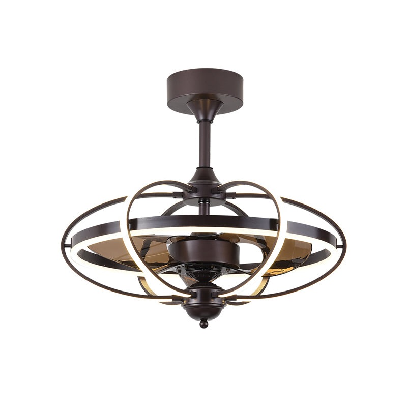 Silver/White/Gold Oval Cage Semi Flush Mount Simplicity LED Silicone Hanging Fan Light with 3 Brown Blades, 19.5" H Clearhalo 'Ceiling Fans with Lights' 'Ceiling Fans' 'Modern Ceiling Fans' 'Modern' Lighting' 983307