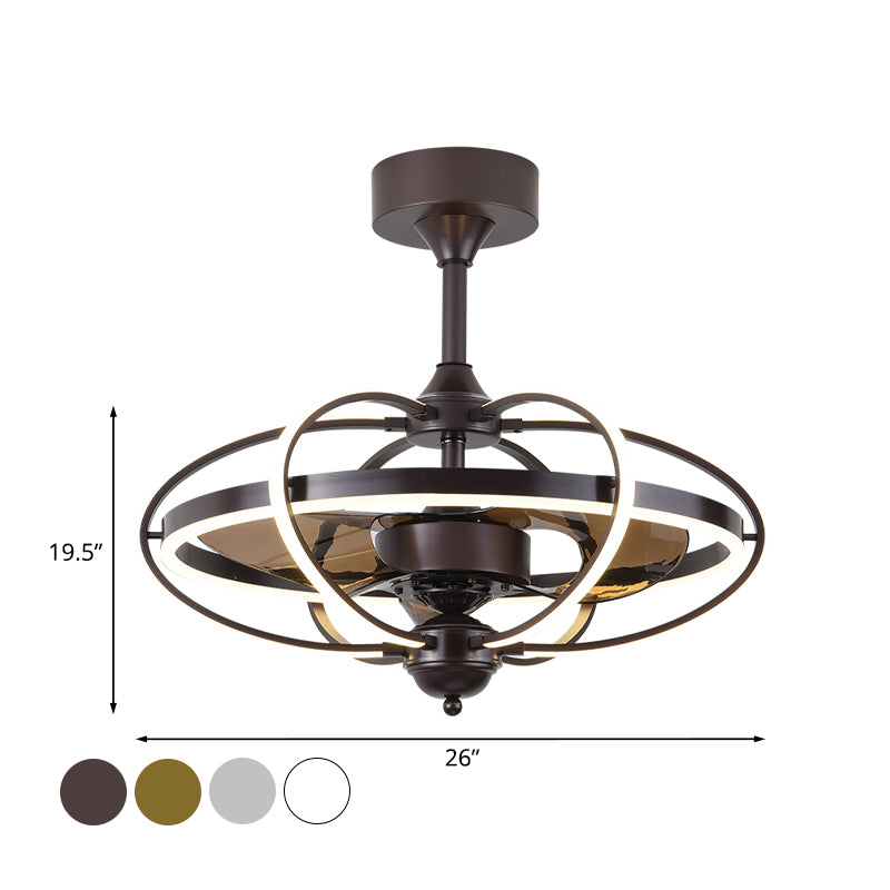 Silver/White/Gold Oval Cage Semi Flush Mount Simplicity LED Silicone Hanging Fan Light with 3 Brown Blades, 19.5" H Clearhalo 'Ceiling Fans with Lights' 'Ceiling Fans' 'Modern Ceiling Fans' 'Modern' Lighting' 983308