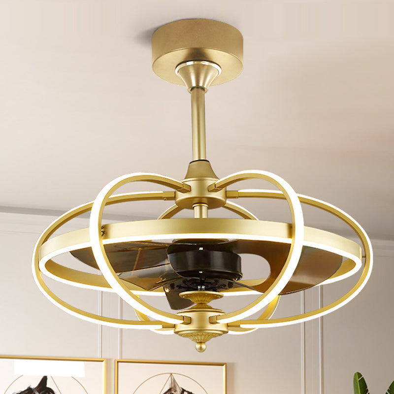 Silver/White/Gold Oval Cage Semi Flush Mount Simplicity LED Silicone Hanging Fan Light with 3 Brown Blades, 19.5" H Clearhalo 'Ceiling Fans with Lights' 'Ceiling Fans' 'Modern Ceiling Fans' 'Modern' Lighting' 983309