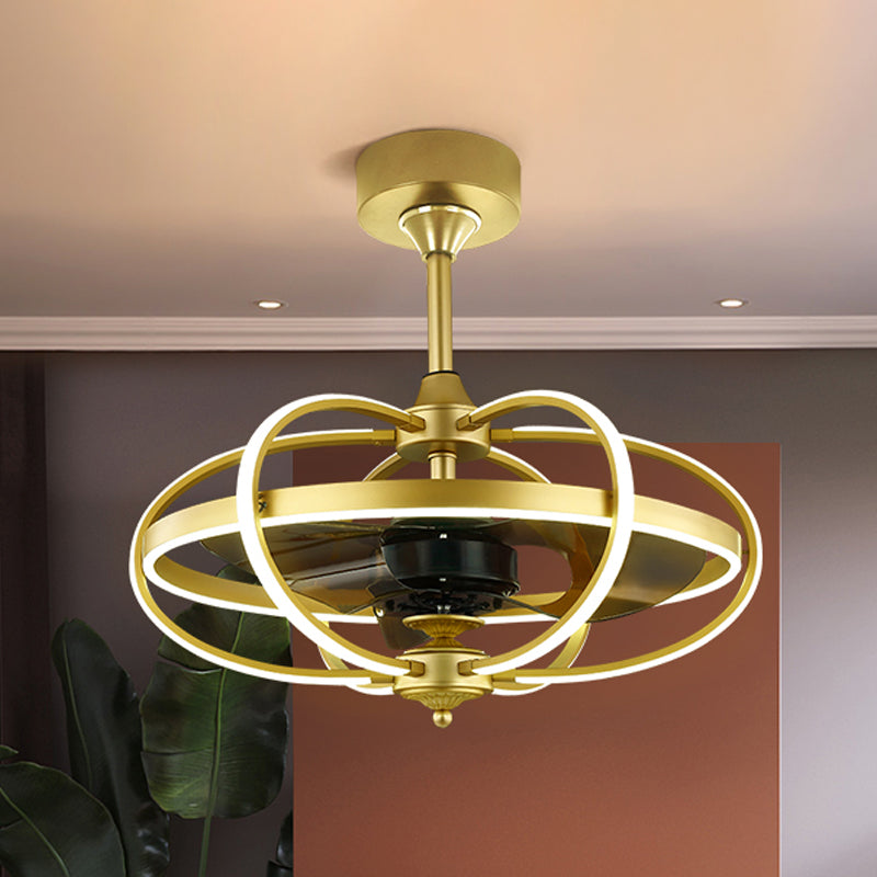 Silver/White/Gold Oval Cage Semi Flush Mount Simplicity LED Silicone Hanging Fan Light with 3 Brown Blades, 19.5" H Clearhalo 'Ceiling Fans with Lights' 'Ceiling Fans' 'Modern Ceiling Fans' 'Modern' Lighting' 983310