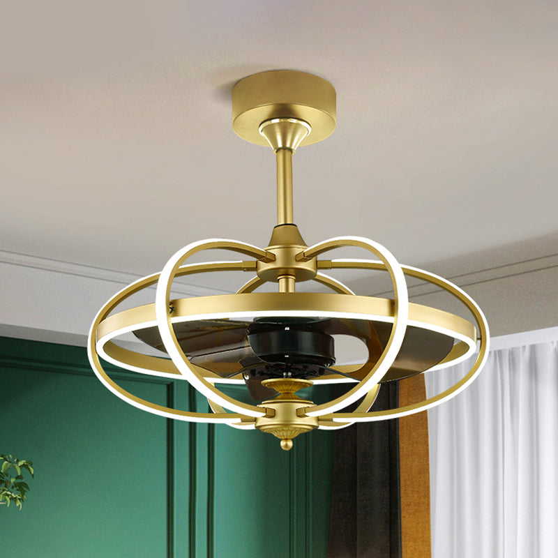 Silver/White/Gold Oval Cage Semi Flush Mount Simplicity LED Silicone Hanging Fan Light with 3 Brown Blades, 19.5" H Clearhalo 'Ceiling Fans with Lights' 'Ceiling Fans' 'Modern Ceiling Fans' 'Modern' Lighting' 983311