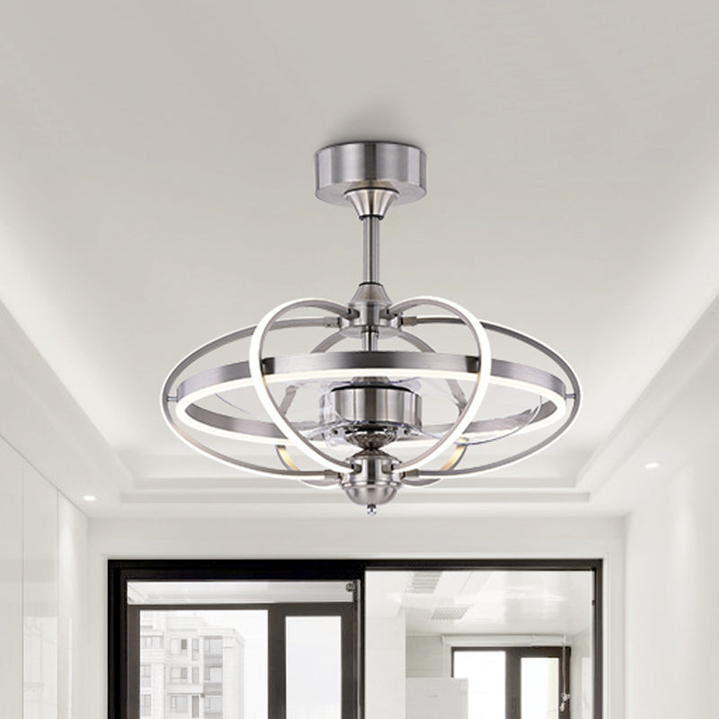 Silver/White/Gold Oval Cage Semi Flush Mount Simplicity LED Silicone Hanging Fan Light with 3 Brown Blades, 19.5" H Clearhalo 'Ceiling Fans with Lights' 'Ceiling Fans' 'Modern Ceiling Fans' 'Modern' Lighting' 983314