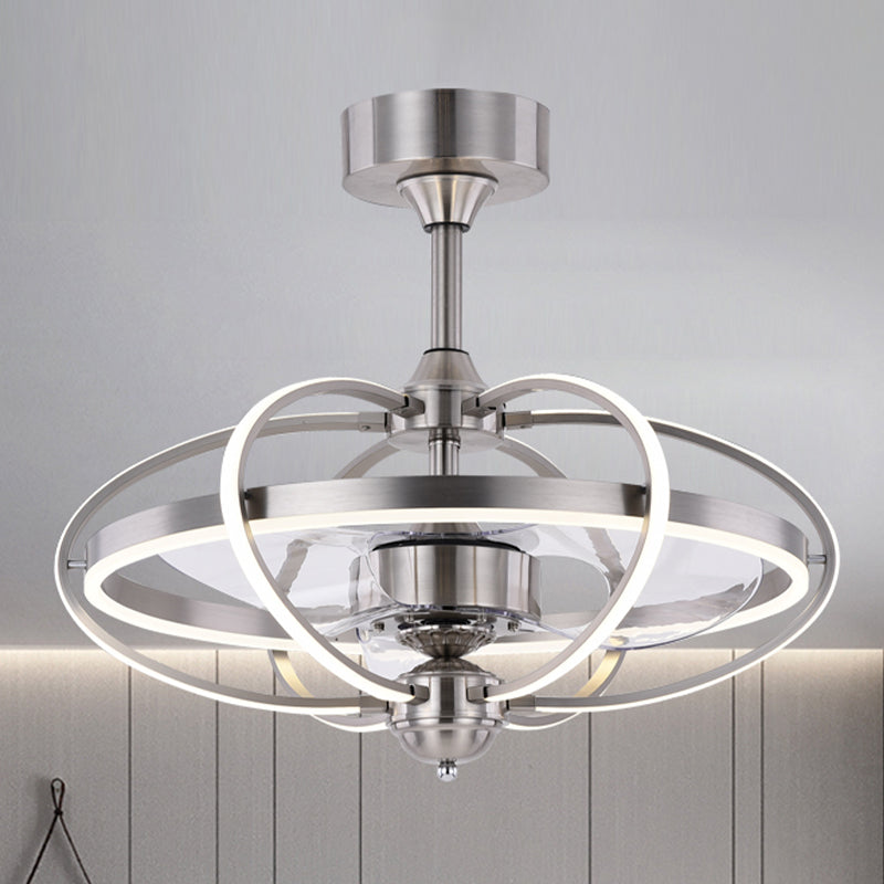 Silver/White/Gold Oval Cage Semi Flush Mount Simplicity LED Silicone Hanging Fan Light with 3 Brown Blades, 19.5" H Clearhalo 'Ceiling Fans with Lights' 'Ceiling Fans' 'Modern Ceiling Fans' 'Modern' Lighting' 983315