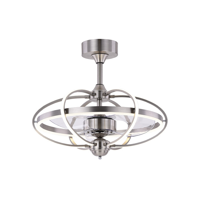 Silver/White/Gold Oval Cage Semi Flush Mount Simplicity LED Silicone Hanging Fan Light with 3 Brown Blades, 19.5" H Clearhalo 'Ceiling Fans with Lights' 'Ceiling Fans' 'Modern Ceiling Fans' 'Modern' Lighting' 983316