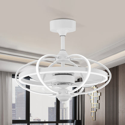 Silver/White/Gold Oval Cage Semi Flush Mount Simplicity LED Silicone Hanging Fan Light with 3 Brown Blades, 19.5" H White Clearhalo 'Ceiling Fans with Lights' 'Ceiling Fans' 'Modern Ceiling Fans' 'Modern' Lighting' 983317