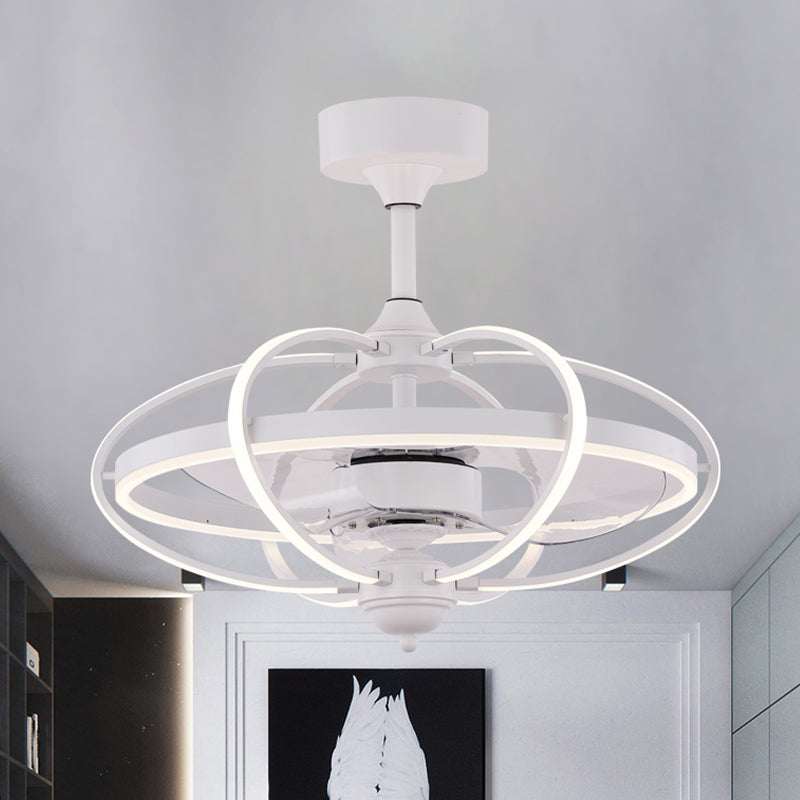 Silver/White/Gold Oval Cage Semi Flush Mount Simplicity LED Silicone Hanging Fan Light with 3 Brown Blades, 19.5" H Clearhalo 'Ceiling Fans with Lights' 'Ceiling Fans' 'Modern Ceiling Fans' 'Modern' Lighting' 983319