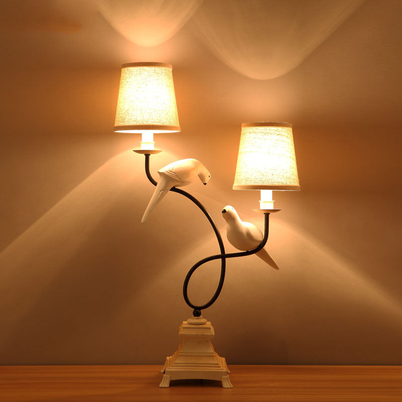 Fabric Barrel Shade Table Light Modern 2 Bulbs Flaxen Reading Lamp with Pigeons Deco Clearhalo 'Lamps' 'Table Lamps' Lighting' 983334
