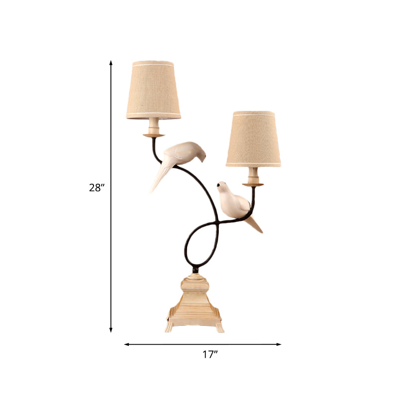 Fabric Barrel Shade Table Light Modern 2 Bulbs Flaxen Reading Lamp with Pigeons Deco Clearhalo 'Lamps' 'Table Lamps' Lighting' 983336