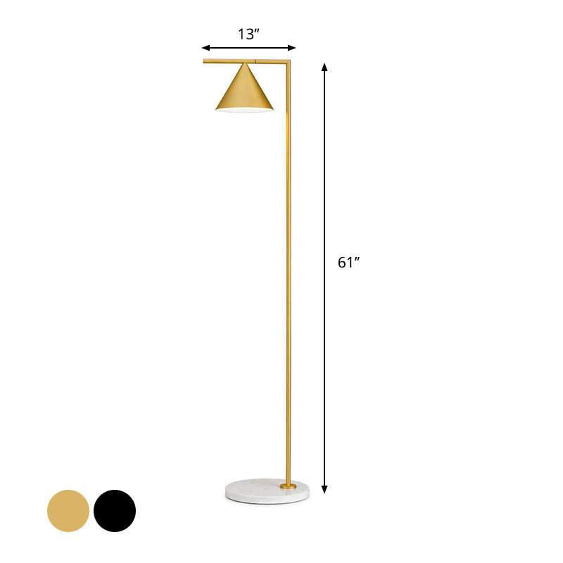 Conical Shade Standing Floor Light Simple Metal 1 Light Black/Gold Finish Stand Up Lamp with Right Angle Arm Clearhalo 'Floor Lamps' 'Lamps' Lighting' 983406