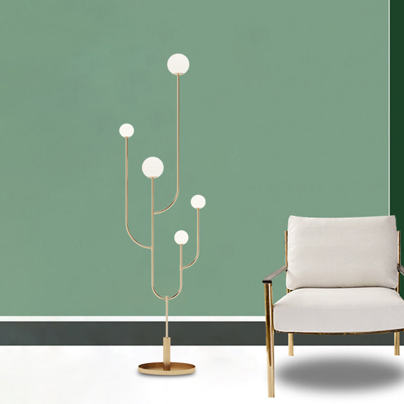 Macaron Cactus Stand Up Light Metal LED Bedroom Floor Reading Lamp with Sphere Opal Glass Shade in Brass Brass Clearhalo 'Floor Lamps' 'Lamps' Lighting' 983729