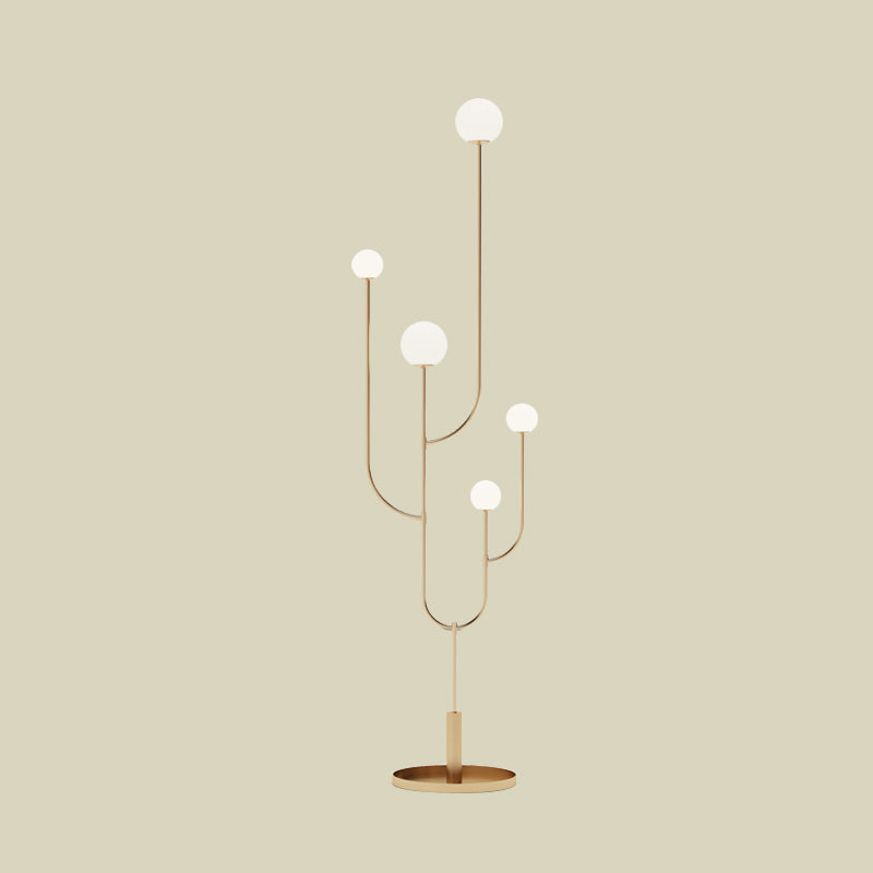 Macaron Cactus Stand Up Light Metal LED Bedroom Floor Reading Lamp with Sphere Opal Glass Shade in Brass Clearhalo 'Floor Lamps' 'Lamps' Lighting' 983731