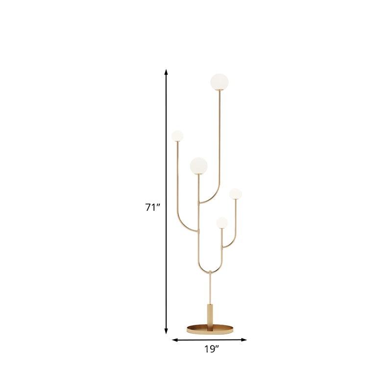 Macaron Cactus Stand Up Light Metal LED Bedroom Floor Reading Lamp with Sphere Opal Glass Shade in Brass Clearhalo 'Floor Lamps' 'Lamps' Lighting' 983732