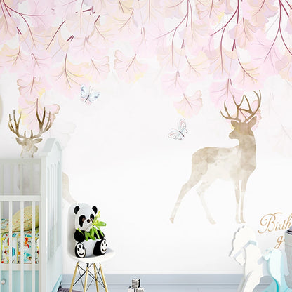 Illustration Deer and Stem Mural Extra Large Wall Art for Accent Wall, Custom Size Available Pink Clearhalo 'Wall Decor' 'Wall Mural' 984342