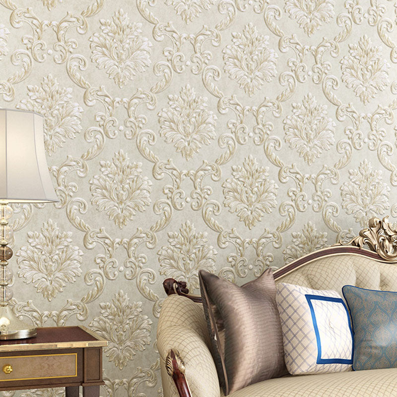 Neutral Color Damask Design Wallpaper Water-Resistant Wall Covering, 33-foot x 20.5-inch Beige Clearhalo 'Vintage wall decor' 'Vintage' 'Wallpaper' Wall Decor' 984353