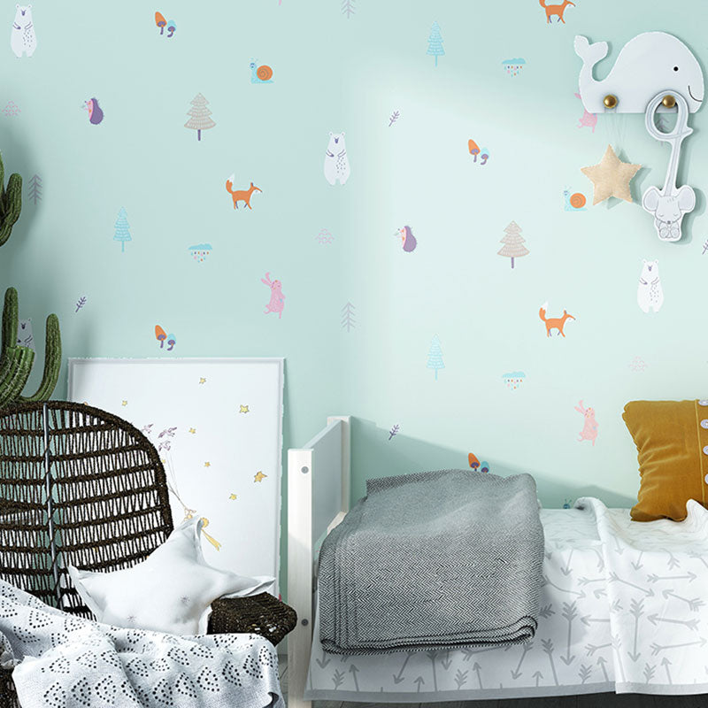 Contemporary Animal Wallpaper Roll for Children's Bedroom with Cartoon Animal Design in Pastel Color Green Clearhalo 'Wall Decor' 'Wallpaper' 984687