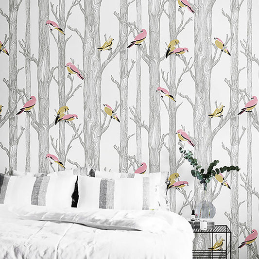 33' x 20.5" Countryside Wallpaper for Living Room Decor with Birch Tree and Birds Design in Natural Color White Clearhalo 'Country wall decor' 'Rustic' 'Wallpaper' Wall Decor' 984739