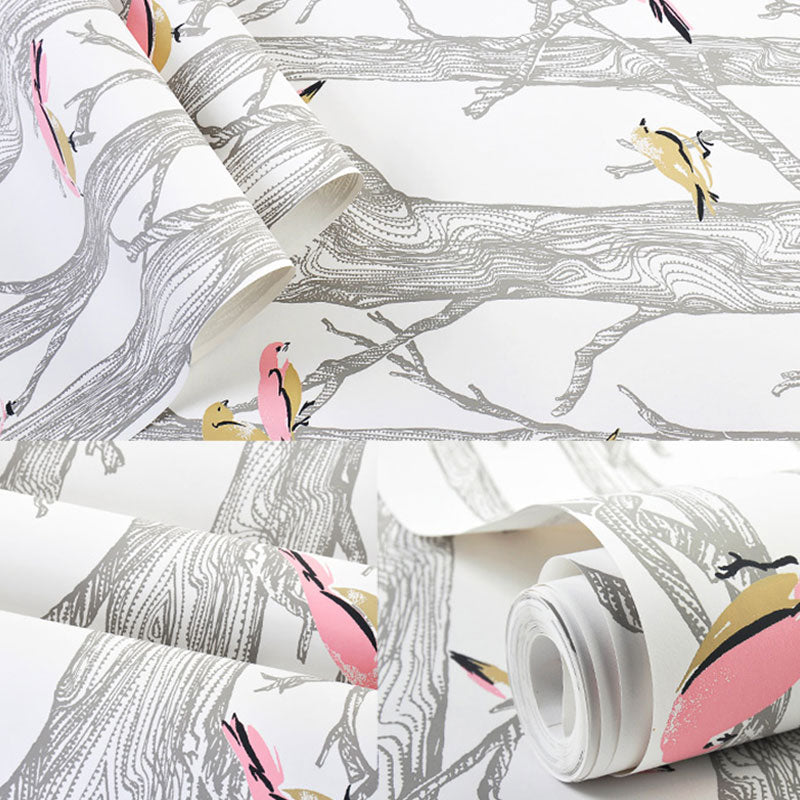 33' x 20.5" Countryside Wallpaper for Living Room Decor with Birch Tree and Birds Design in Natural Color Clearhalo 'Country wall decor' 'Rustic' 'Wallpaper' Wall Decor' 984741