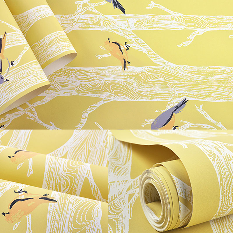 33' x 20.5" Countryside Wallpaper for Living Room Decor with Birch Tree and Birds Design in Natural Color Clearhalo 'Country wall decor' 'Rustic' 'Wallpaper' Wall Decor' 984744