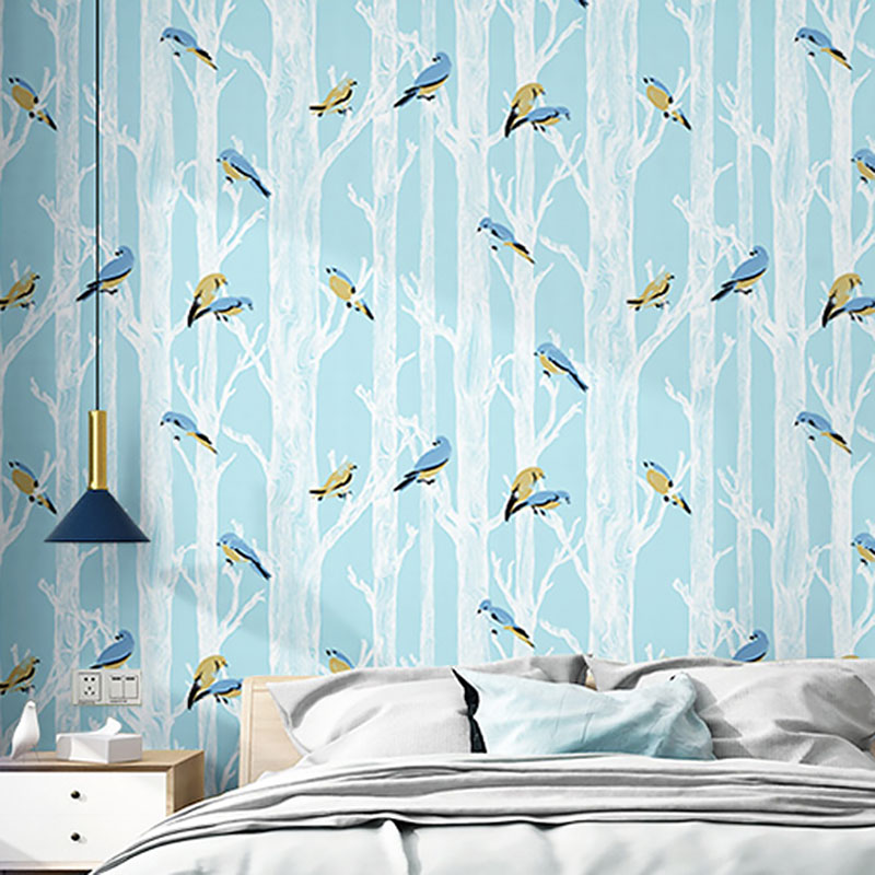33' x 20.5" Countryside Wallpaper for Living Room Decor with Birch Tree and Birds Design in Natural Color Blue Clearhalo 'Country wall decor' 'Rustic' 'Wallpaper' Wall Decor' 984746