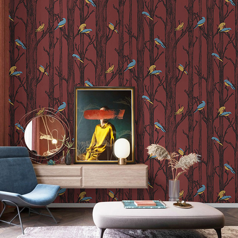 33' x 20.5" Countryside Wallpaper for Living Room Decor with Birch Tree and Birds Design in Natural Color Red Clearhalo 'Country wall decor' 'Rustic' 'Wallpaper' Wall Decor' 984750