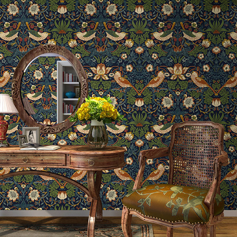 Neutral Color Rustic Wall Art 33' by 20.5" Damasque and Bird Wallpaper Roll for Accent Wall Gray Blue Clearhalo 'Country wall decor' 'Rustic' 'Wallpaper' Wall Decor' 984753