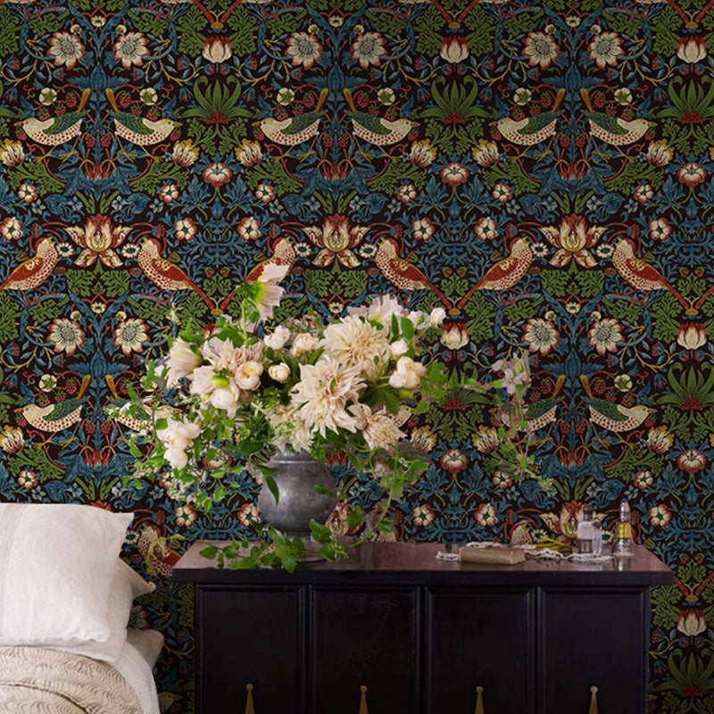 Neutral Color Rustic Wall Art 33' by 20.5" Damasque and Bird Wallpaper Roll for Accent Wall Dark Red Clearhalo 'Country wall decor' 'Rustic' 'Wallpaper' Wall Decor' 984756