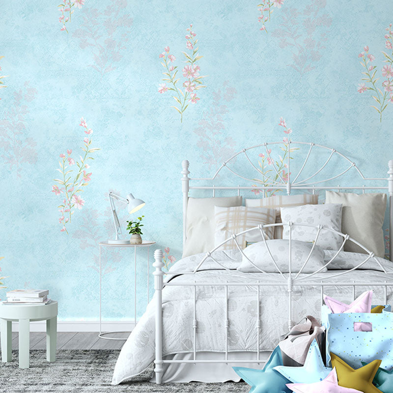 Soft Color Minimalist Wall Covering 20.5 in x 33 ft Flower and Leaf Wallpaper Roll for Girl's Bedroom Sky Blue Clearhalo 'Country wall decor' 'Rustic' 'Wallpaper' Wall Decor' 984796