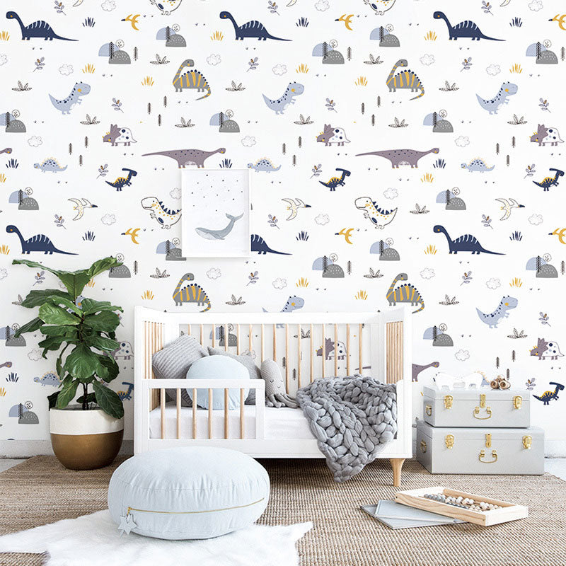 Stain-Resistant Cartoon Animal Wallpaper Roll 57.1 sq ft. Minimalist Wall Covering for Children's Bedroom White Clearhalo 'Wall Decor' 'Wallpaper' 984958