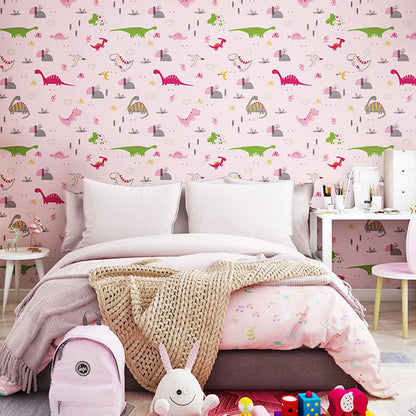 Stain-Resistant Cartoon Animal Wallpaper Roll 57.1 sq ft. Minimalist Wall Covering for Children's Bedroom Pink Clearhalo 'Wall Decor' 'Wallpaper' 984964