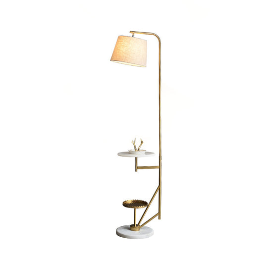 Post Modern 1 Light Floor Table Light with Fabric Shade Beige Barrel Standing Lamp with Gold Curved Arm Clearhalo 'Floor Lamps' 'Lamps' Lighting' 985058
