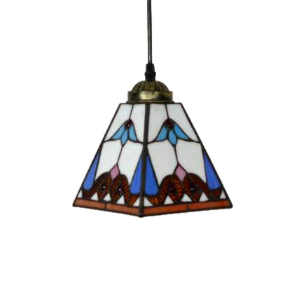 Tapered Hanging Lamp 1 Bulb White Stained Glass Tiffany-Style Pendant Light Fixture Clearhalo 'Ceiling Lights' 'Industrial' 'Middle Century Pendants' 'Pendant Lights' 'Pendants' 'Tiffany close to ceiling' 'Tiffany Pendants' 'Tiffany' Lighting' 98554