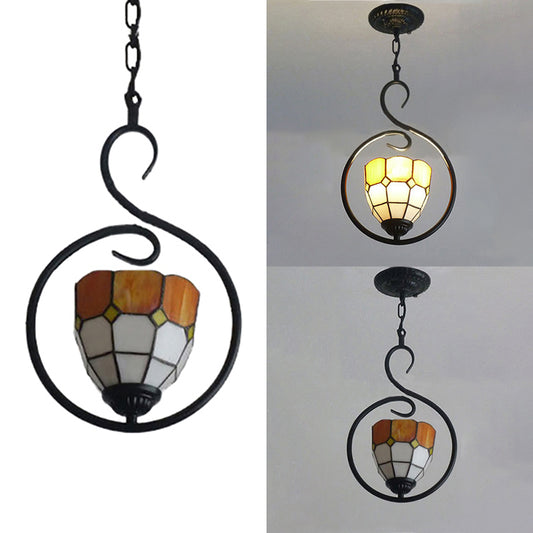 Grid Dome Suspension Lamp 1 Head Stainless Glass Tiffany Stylish Hanging Pendant Light in Orange Clearhalo 'Ceiling Lights' 'Industrial' 'Middle Century Pendants' 'Pendant Lights' 'Pendants' 'Tiffany close to ceiling' 'Tiffany Pendants' 'Tiffany' Lighting' 98573