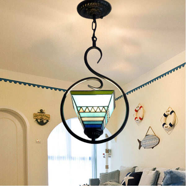Stainless Glass Pyramid Hanging Pendant Light Tiffany Style 1 Light Blue Suspension Light with Ring Blue Clearhalo 'Ceiling Lights' 'Industrial' 'Middle Century Pendants' 'Pendant Lights' 'Pendants' 'Tiffany close to ceiling' 'Tiffany Pendants' 'Tiffany' Lighting' 98581