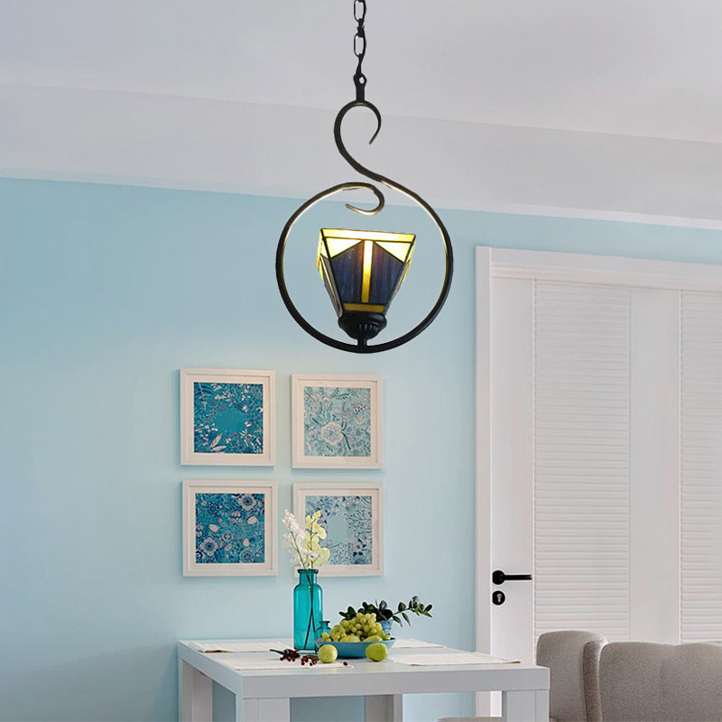 Blue 1 Light Ceiling Suspension Lamp Tiffany Style Stainless Glass Pyramid Pendant Lighting with Ring Blue Clearhalo 'Ceiling Lights' 'Industrial' 'Middle Century Pendants' 'Pendant Lights' 'Pendants' 'Tiffany close to ceiling' 'Tiffany Pendants' 'Tiffany' Lighting' 98589
