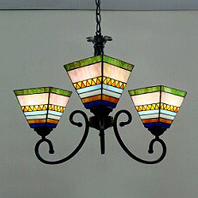 Stained Glass Craftsman Chandelier Living Room 3 Lights Tiffany Antique Ceiling Pendant in Pink Clearhalo 'Ceiling Lights' 'Chandeliers' 'Industrial' 'Middle Century Chandeliers' 'Pendant Lights' 'Tiffany Chandeliers' 'Tiffany close to ceiling' 'Tiffany' Lighting' 98623