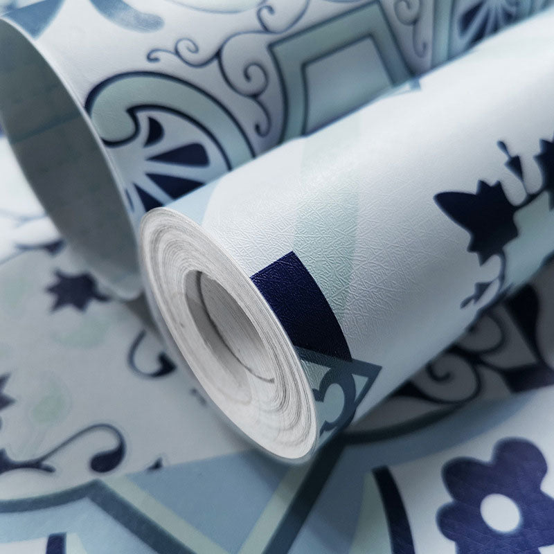 Bohemian Vinyl Wallpaper Roll for Bedroom Decoration with Mosaic Design in Blue, Peel and Stick, 96.8 sq ft. Clearhalo 'Wall Decor' 'Wallpaper' 986575