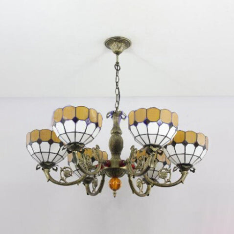 Yellow Grid Bowl Pendant Light 6 Lights Tiffany Antique Art Glass Chandelier for Hallway Clearhalo 'Ceiling Lights' 'Chandeliers' 'Industrial' 'Middle Century Chandeliers' 'Pendant Lights' 'Tiffany Chandeliers' 'Tiffany close to ceiling' 'Tiffany' Lighting' 98662