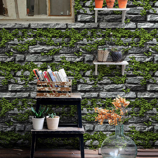 Retro Plant and Brick Wallpaper Roll for Bar Decoration, Neutral Color, 33'L x 20.5"W Green Clearhalo 'Industrial wall decor' 'Industrial' 'Wallpaper' Wall Decor' 986632