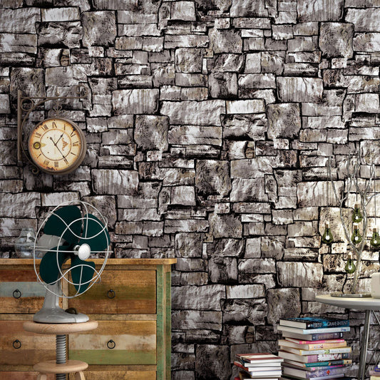 Retro Stone Effect Wallpaper Roll for Home Decoration, Pastel Color, 33-foot x 20.5-inch Black Clearhalo 'Industrial wall decor' 'Industrial' 'Wallpaper' Wall Decor' 986777