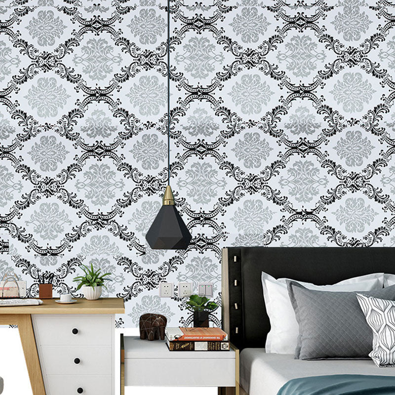 Black and White Damasque Wallpaper Water-Resistant Wall Covering for Living Room, Self-Adhesive Clearhalo 'Vintage wall decor' 'Vintage' 'Wallpaper' Wall Decor' 986807