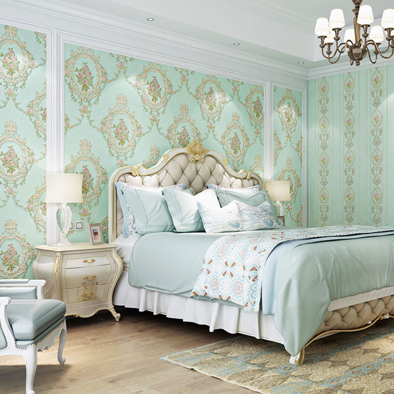 European Damask Design Wall Art Living Room Wallpaper Roll, 33' x 20.5", Non-Pasted Light Blue Clearhalo 'Country wall decor' 'Rustic' 'Wallpaper' Wall Decor' 986888