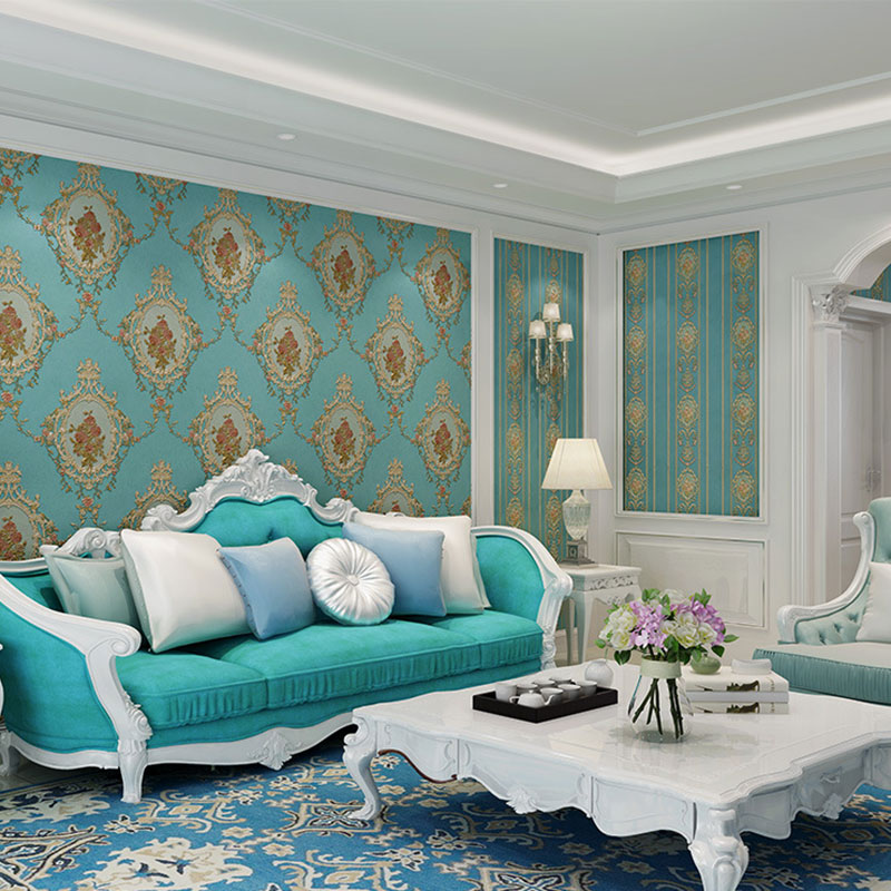 European Damask Design Wall Art Living Room Wallpaper Roll, 33' x 20.5", Non-Pasted Blue Clearhalo 'Country wall decor' 'Rustic' 'Wallpaper' Wall Decor' 986892