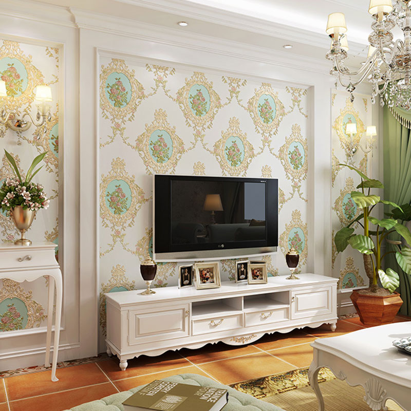 European Damask Design Wall Art Living Room Wallpaper Roll, 33' x 20.5", Non-Pasted Beige Clearhalo 'Country wall decor' 'Rustic' 'Wallpaper' Wall Decor' 986899