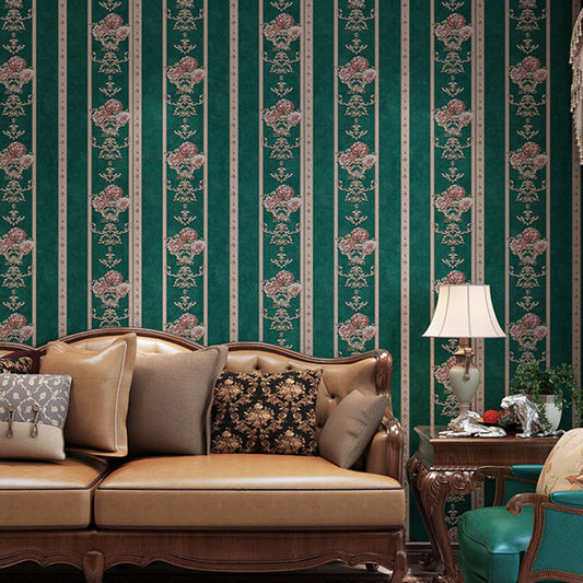Nostalgic Flower and Stripe Wallpaper for Living Room, 57.1 sq ft. Wall Decor in Natural Color Peacock Green