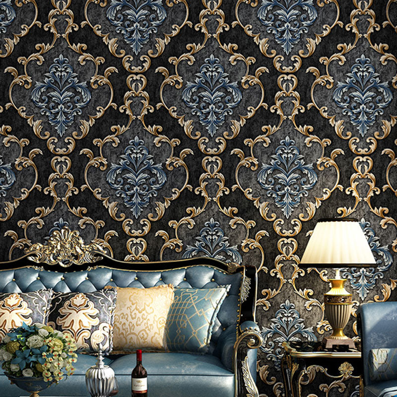 Damask Design Wallpaper Roll for Bathroom Decor Flowers Wall Art in Neutral Color, Stain-Resistant Black Clearhalo 'Vintage wall decor' 'Vintage' 'Wallpaper' Wall Decor' 986995