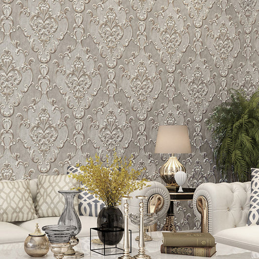 Damask Design Wallpaper Roll for Bathroom Decor Flowers Wall Art in Neutral Color, Stain-Resistant Gray-Yellow Clearhalo 'Vintage wall decor' 'Vintage' 'Wallpaper' Wall Decor' 986998