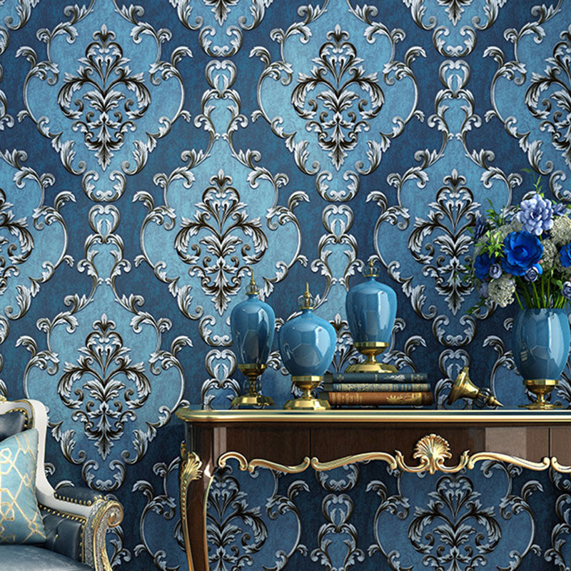 Damask Design Wallpaper Roll for Bathroom Decor Flowers Wall Art in Neutral Color, Stain-Resistant Blue Clearhalo 'Vintage wall decor' 'Vintage' 'Wallpaper' Wall Decor' 987001