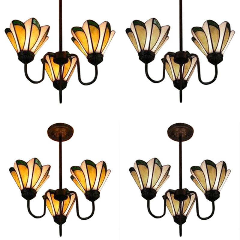 Yellow Conical Hanging Light 3 Heads Tiffany Traditional Stained Glass Ceiling Pendant for Hotel Clearhalo 'Ceiling Lights' 'Chandeliers' 'Industrial' 'Middle Century Chandeliers' 'Pendant Lights' 'Tiffany Chandeliers' 'Tiffany close to ceiling' 'Tiffany' Lighting' 98731