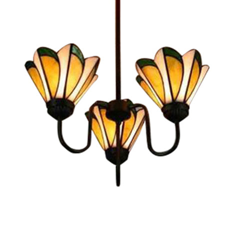 Yellow Conical Hanging Light 3 Heads Tiffany Traditional Stained Glass Ceiling Pendant for Hotel Yellow Clearhalo 'Ceiling Lights' 'Chandeliers' 'Industrial' 'Middle Century Chandeliers' 'Pendant Lights' 'Tiffany Chandeliers' 'Tiffany close to ceiling' 'Tiffany' Lighting' 98732