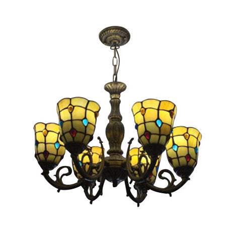 6 Bulbs Bell Hanging Light with Bead Tiffany Vintage Glass Chandelier in Yellow for Study Room Yellow Clearhalo 'Ceiling Lights' 'Chandeliers' 'Industrial' 'Middle Century Chandeliers' 'Tiffany Chandeliers' 'Tiffany close to ceiling' 'Tiffany' Lighting' 98743